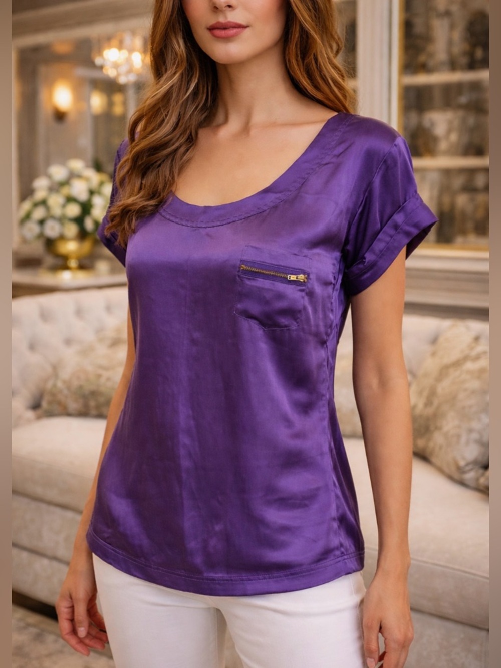 DVF DIANE VON FURSTENBERG RAY PURPLE SILK BLOUSE ZIP POCKET SIZE 0